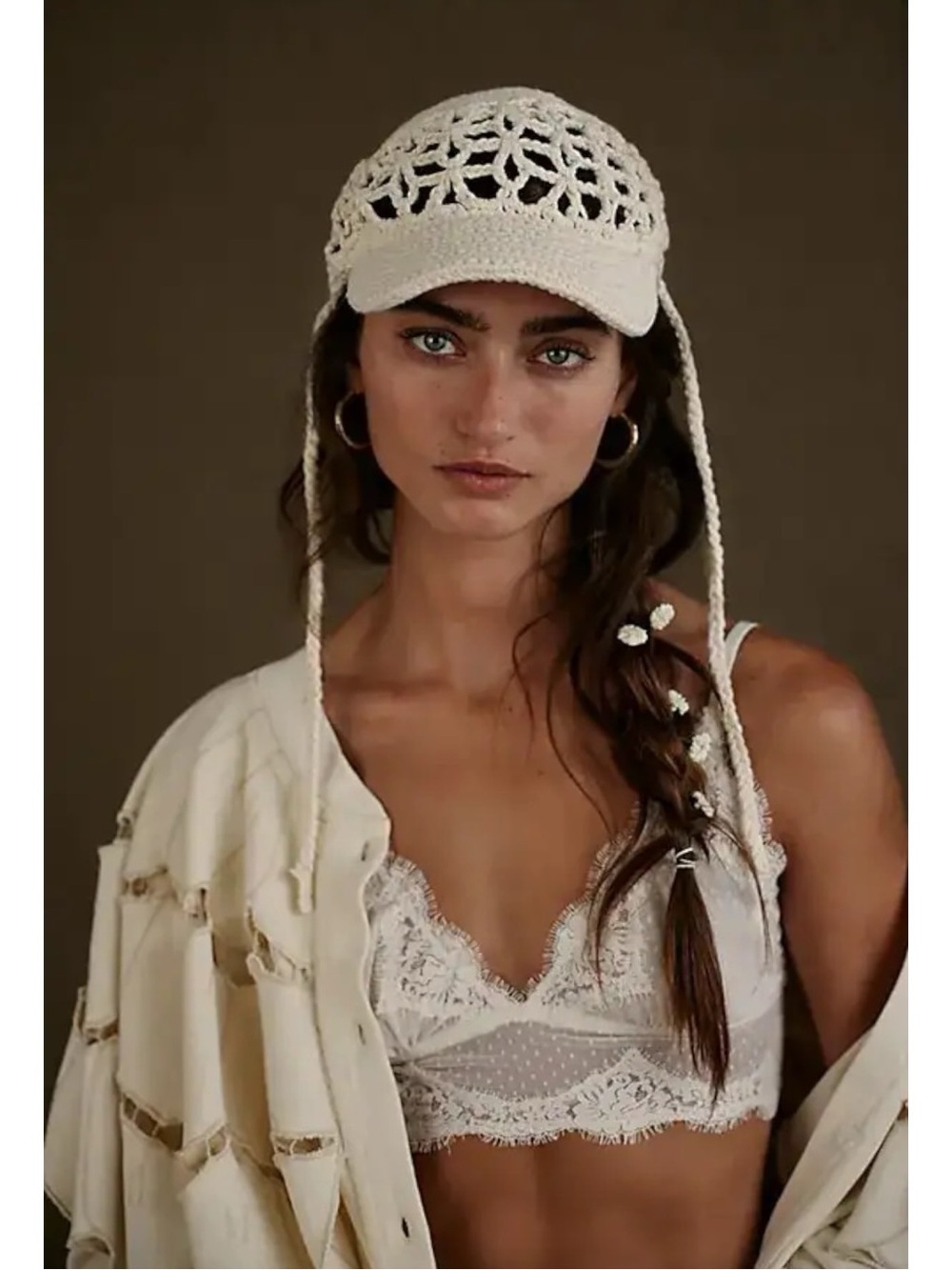 Free People Silvie Crochet Baseball Hat in Ivory NWT